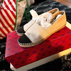 Tory Burch Black and Cream Espadrille Flats